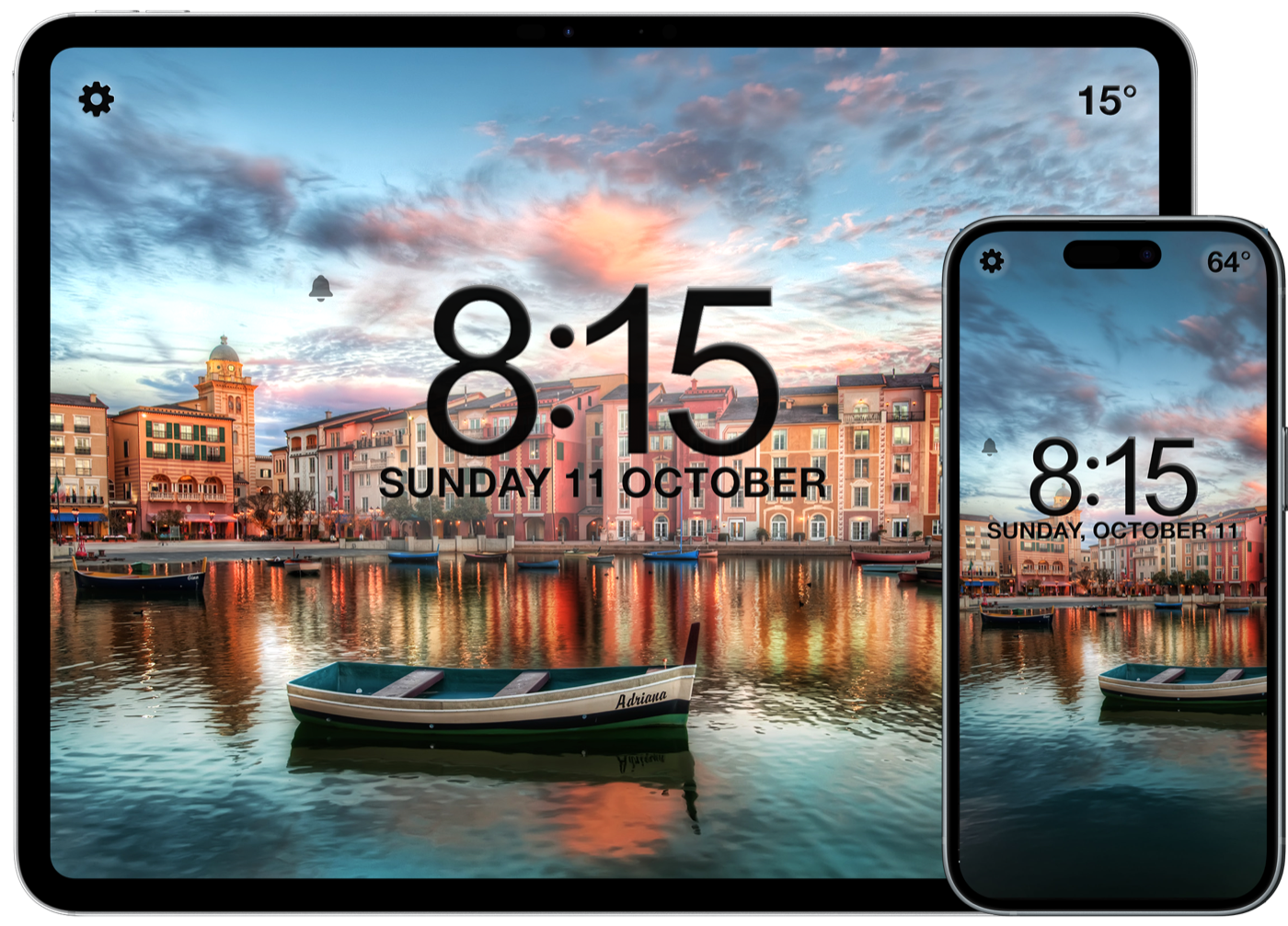 Beautiful Clock Radio sur iPad et iPhone avec un fond photographique de port