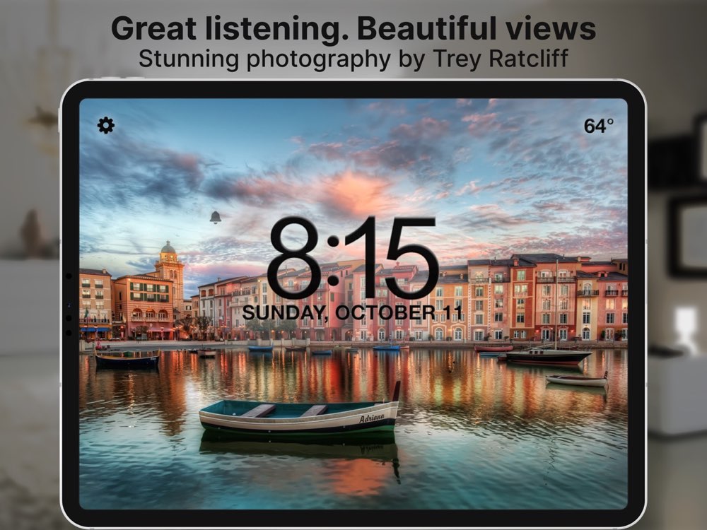 Beautiful Clock Radio on iPad displaying a photographic harbor background at sunset