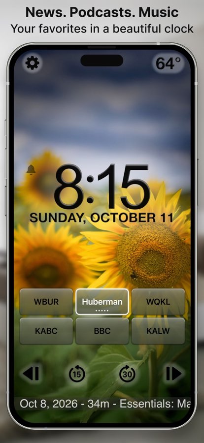 Beautiful Clock Radio on iPhone with six programmable favorites over a sunflower background