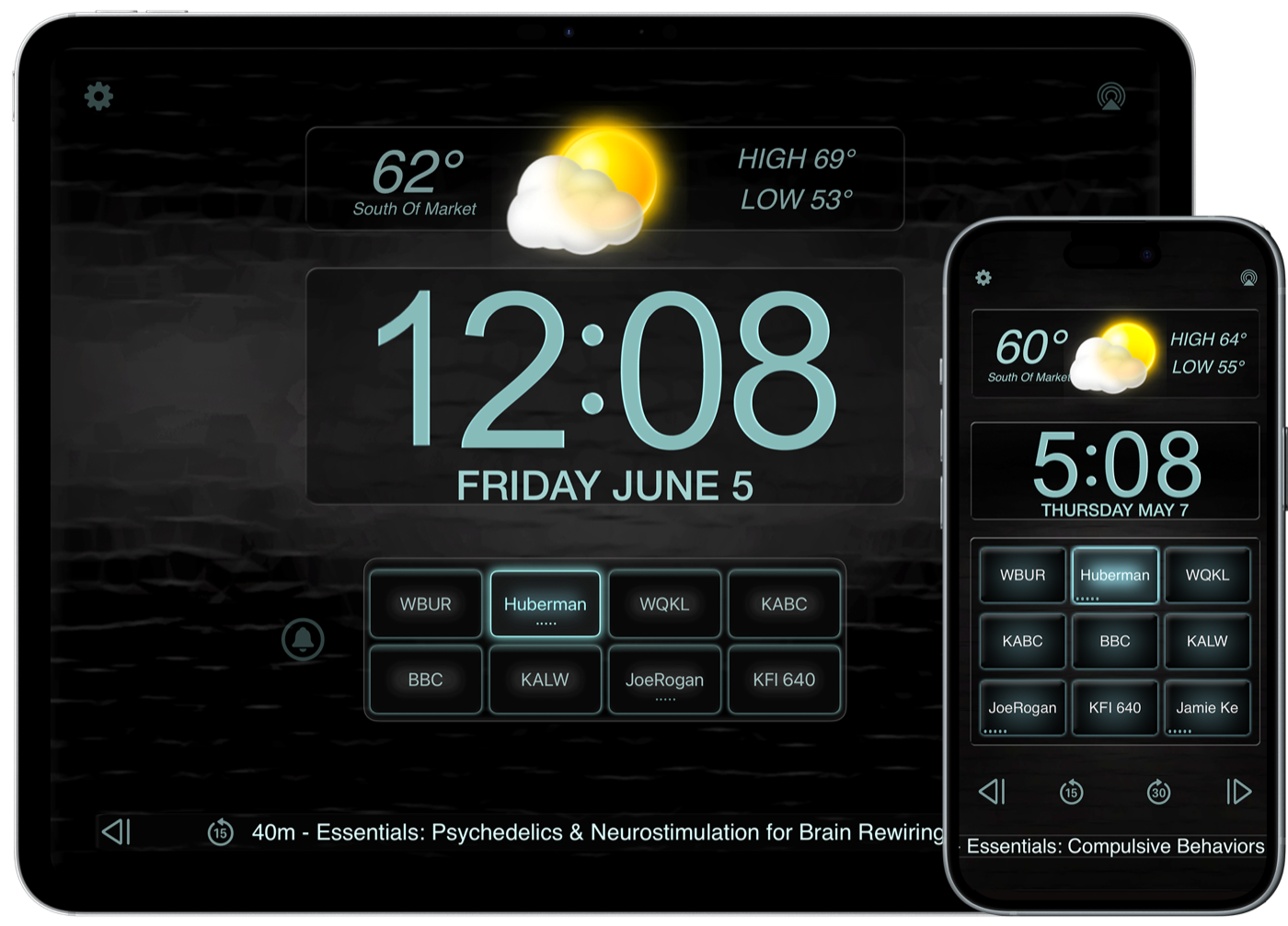 Best Clock Radio on iPad and iPhone, showing the clock, weather, and programmable station buttons