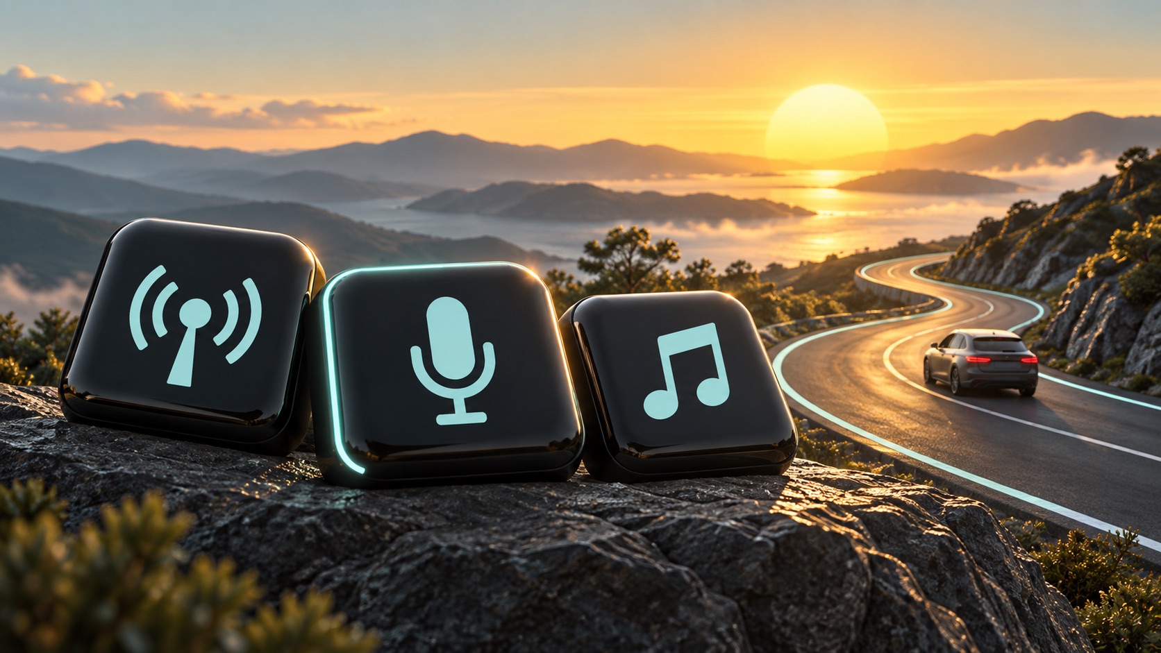 Radio, podcast, and music symbols beside a winding coastal road at sunset