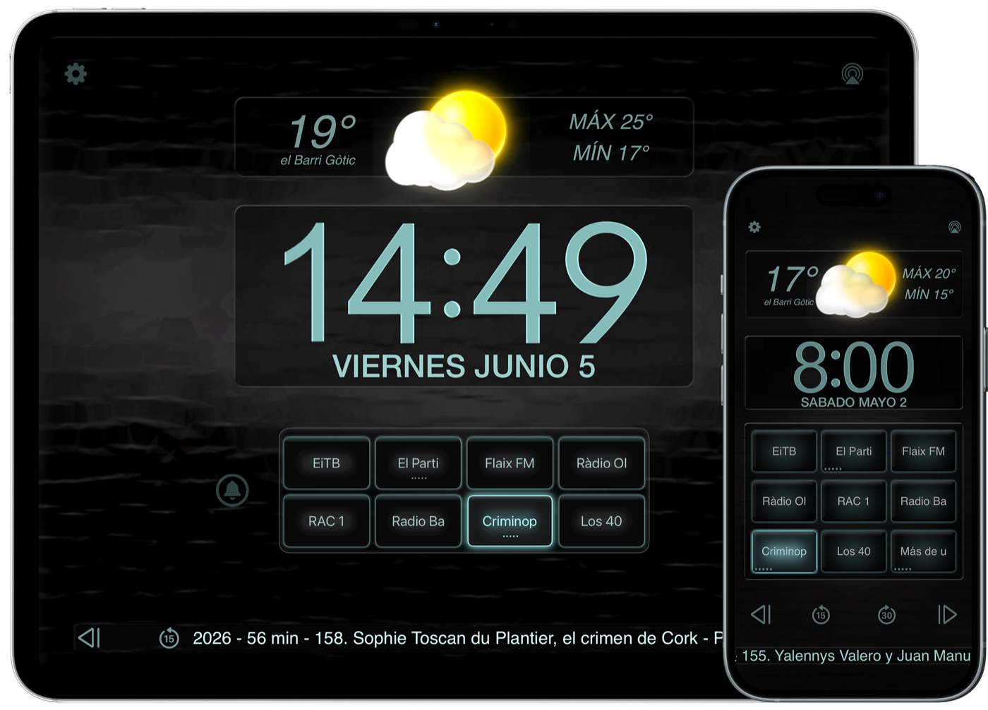 Best Clock Radio en iPad y iPhone con reloj, tiempo y botones de emisoras programables