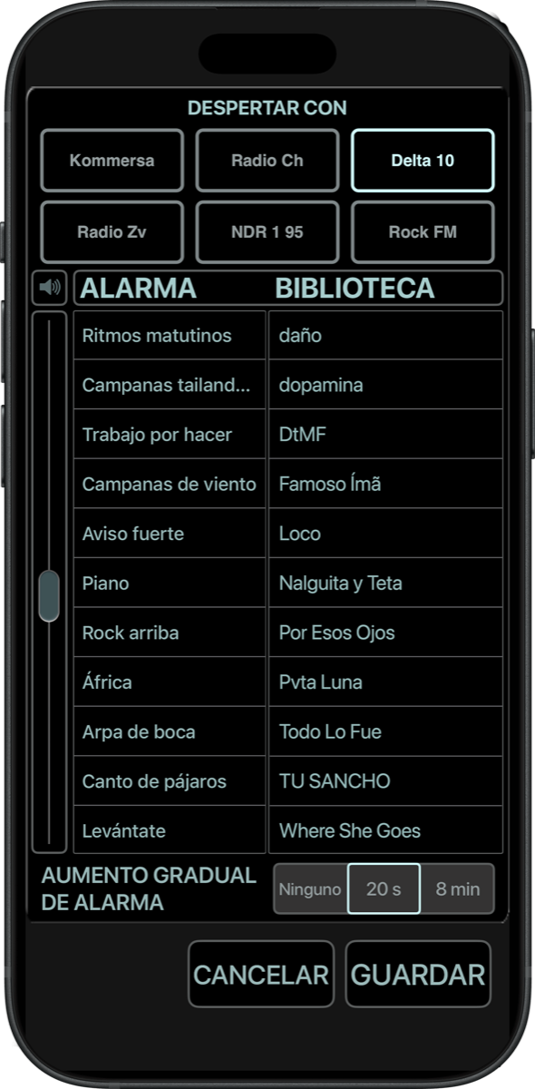Selección del sonido de alarma de Best Clock Radio en iPhone