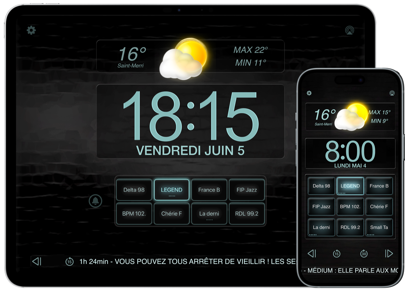 Best Clock Radio sur iPad et iPhone : horloge, météo et boutons de stations programmables